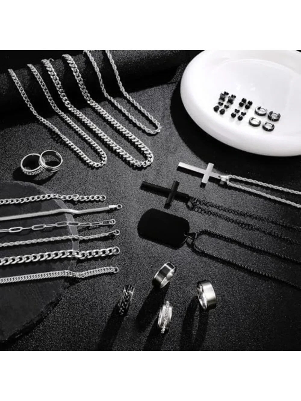 30Pcs Men's Stainless Steel Jewelry Set - Rings, Chains, Bracelets & Earrings